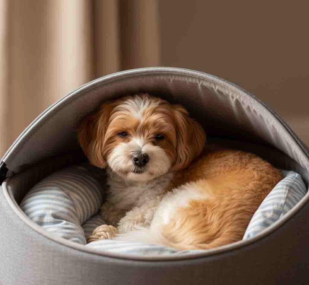 Dog relieving anxiety in safe comfortable space peaceful scene