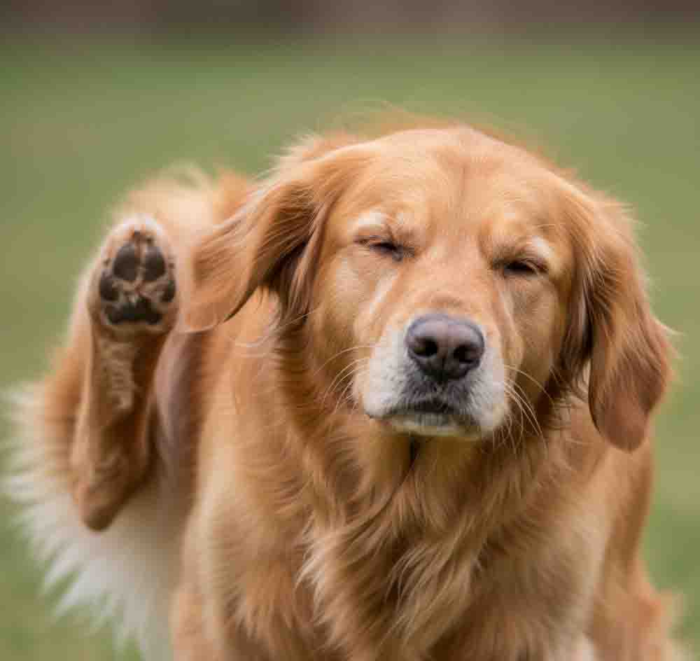 Close-up of a dog scratching its ear frequently, showing signs of skin problems