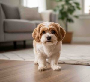Dog showing anxious body language with flattened ears and trembling