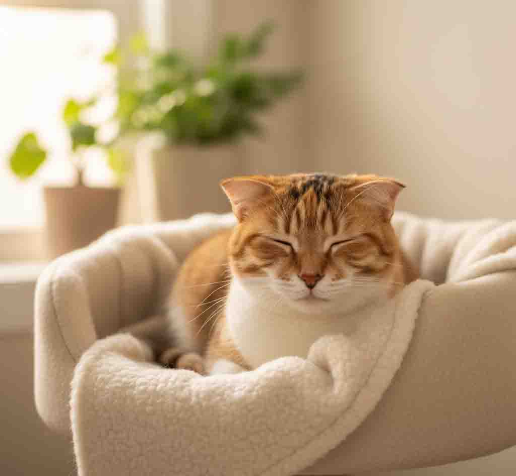 Cat in safe space showing calm state after anxiety relief