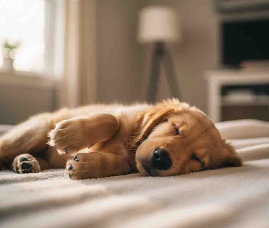 Golden retriever puppy dreaming during REM sleep with paws gently twitching as if running