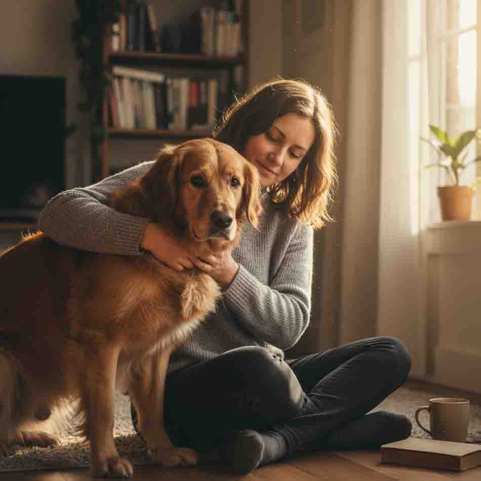 Healing moment of owner gently comforting grieving dog