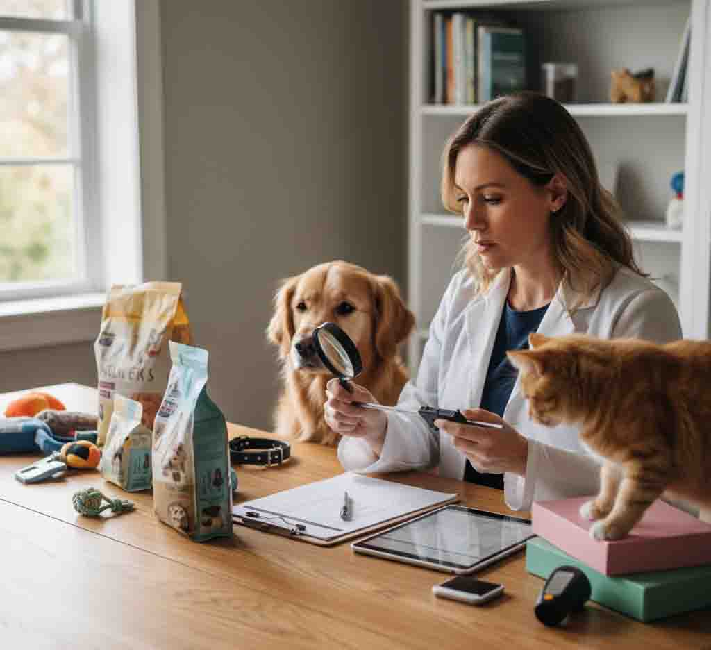 Pet owner conducting systematic evaluation of pet products