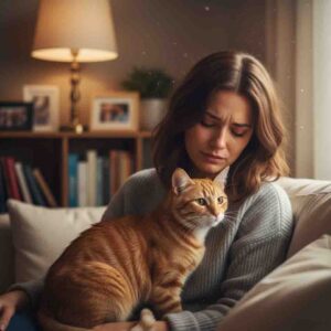 Cat intuitively comforting emotionally distressed owner