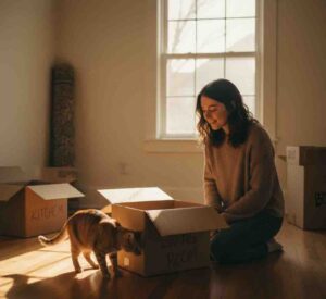 Pet and owner exploring and adapting to new home together