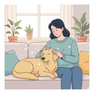 An illustration showing the bond between a person and their dog, depicting comfort and care.
