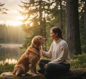 Owner and dog building trust through relaxed body language and eye contact