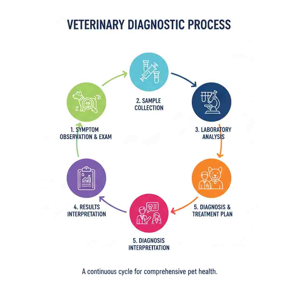 Veterinary diagnostic testing process step-by-step infographic