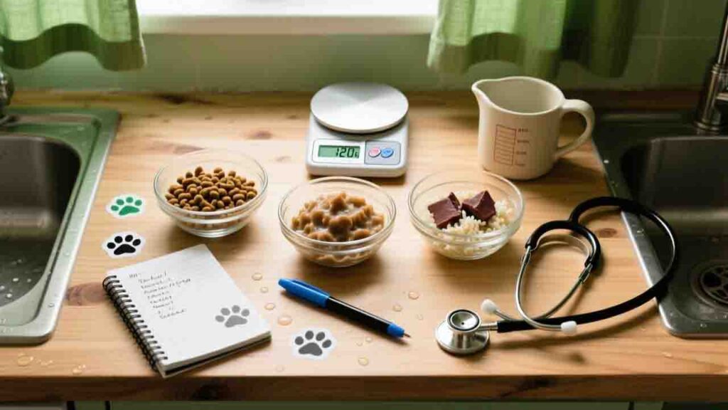 A pet food experiment setup on a kitchen counter with three different dog food types being tested and compared.
