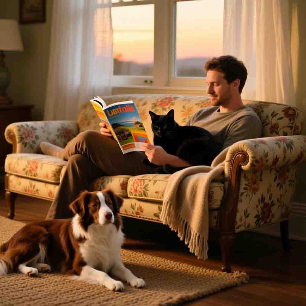 A serene scene of an owner quietly sharing a moment of companionship with a cat and dog at home during dusk.