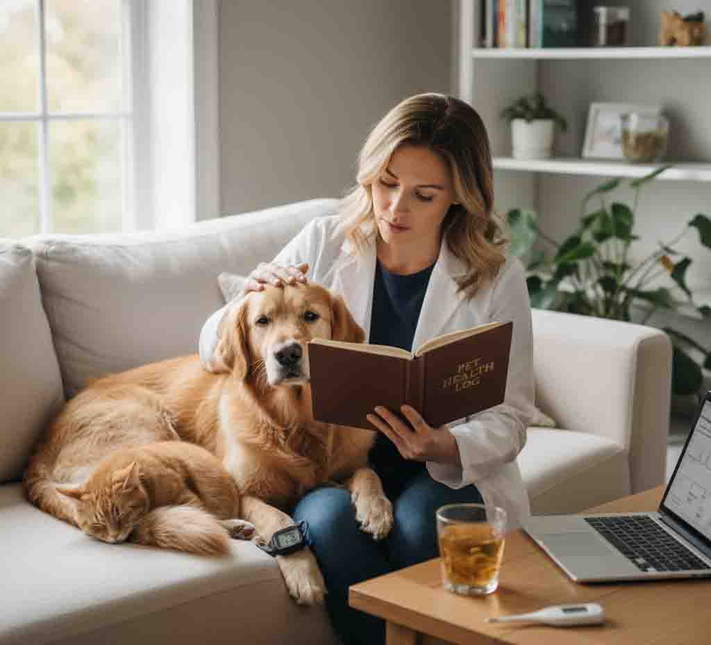 Pet owner maintaining home health monitoring journal