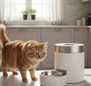Modern home scene of cat using automatic pet feeder