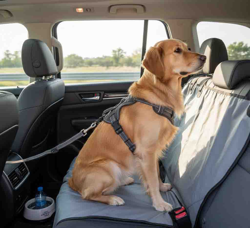 Dog traveling safely in car back seat using safety harness