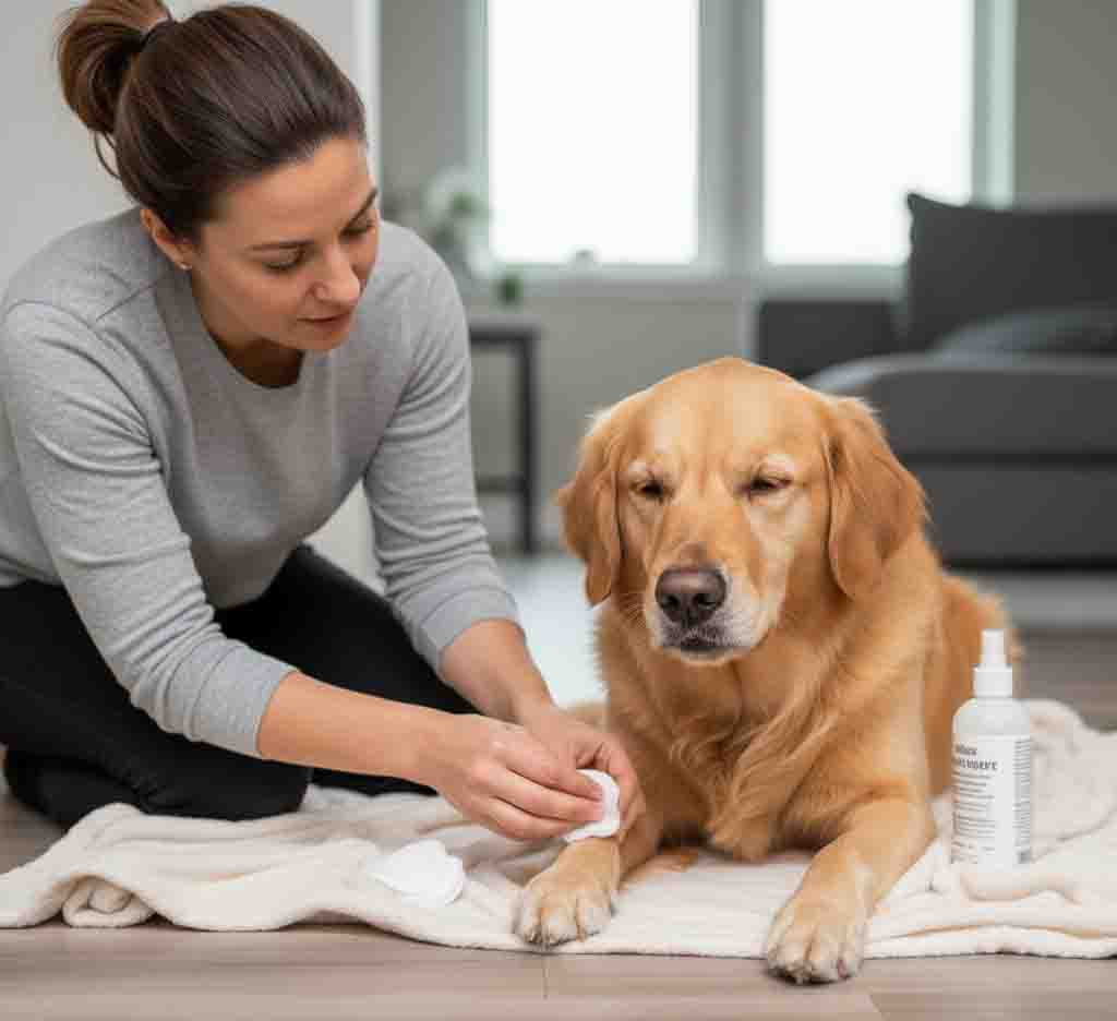 Owner providing gentle cleaning care for dog's skin