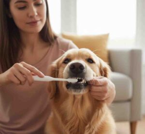 Proper pet tooth brushing method and angle demonstration