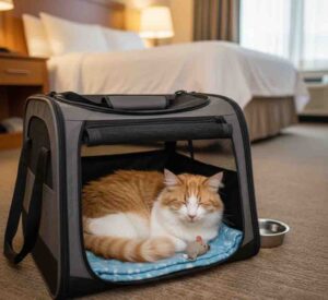 Cat resting comfortably in travel carrier during trip