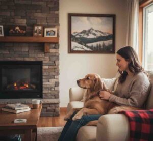 Canadian owner and dog building emotional connection through body language in home