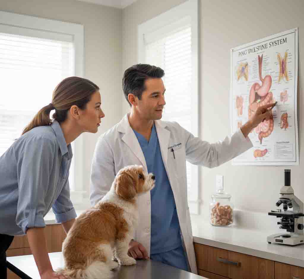 Veterinarian and owner discussing pet digestive health in clinic