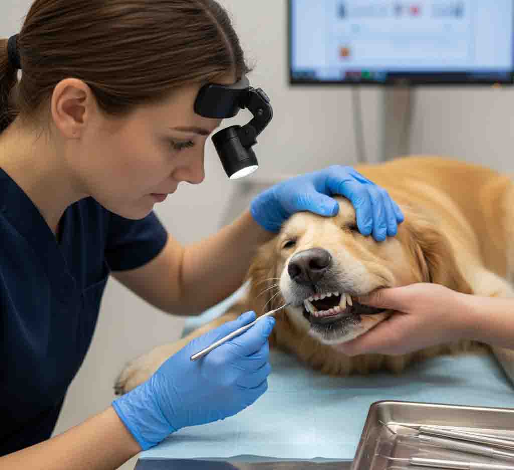 Veterinarian conducting professional periodontal examination and assessment