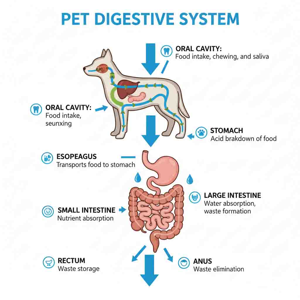 Pet digestive system anatomy and function infographic