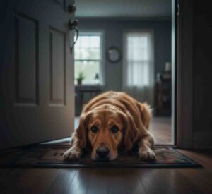 Sad scene of dog waiting at door for deceased companion