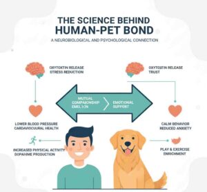 Infographic explaining the scientific benefits of pet ownership, including oxytocin release and improved physical health.