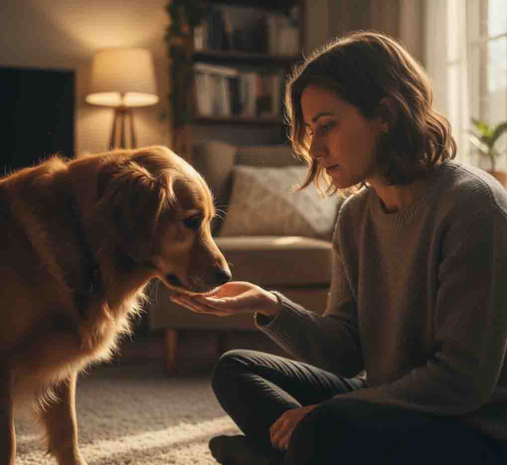 Close-up scene of dog detecting owner's emotional state through scent