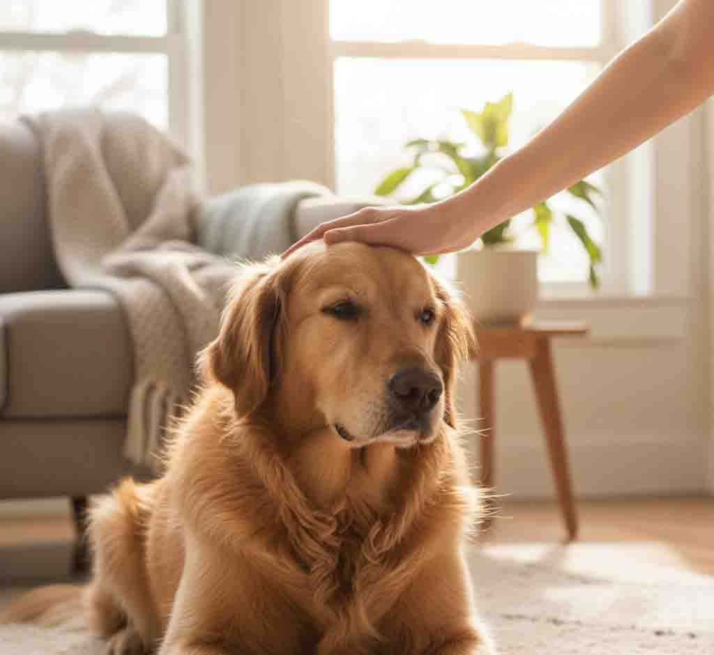 Human hand petting a golden retriever dog, demonstrating the calm connection of the human-animal bond.