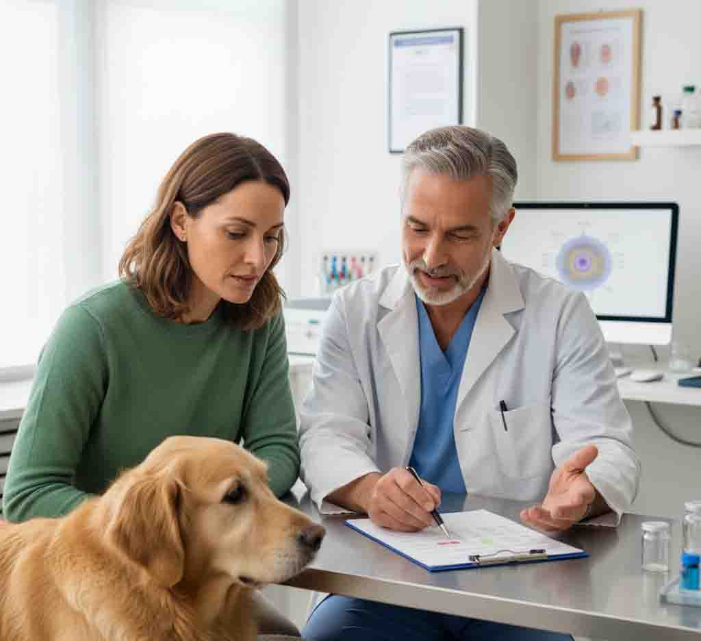 Veterinarian explaining blood test report to pet owner in clinic