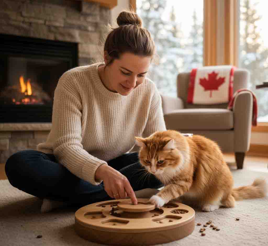 Owner and cat strengthening bond through cooperative puzzle activity