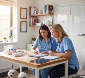 Veterinarian and pet owner collaboratively interpreting laboratory reports