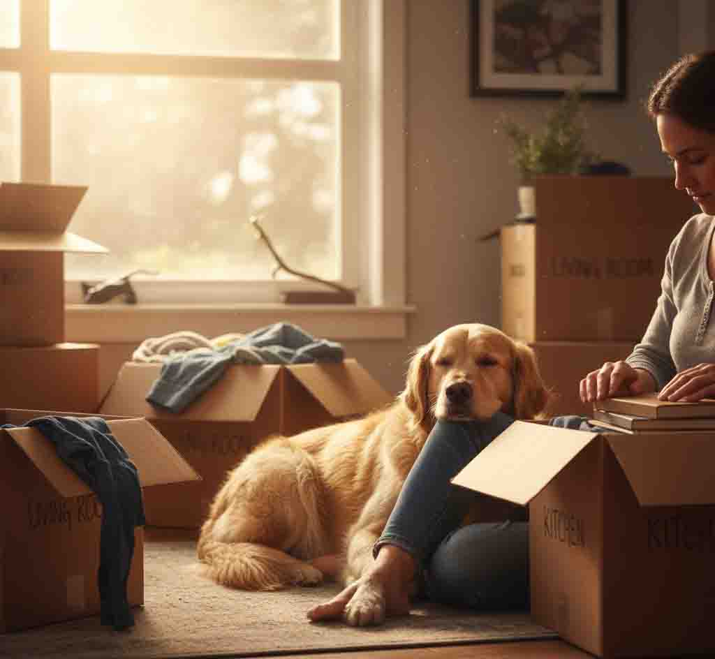Dog providing emotional support to owner during move
