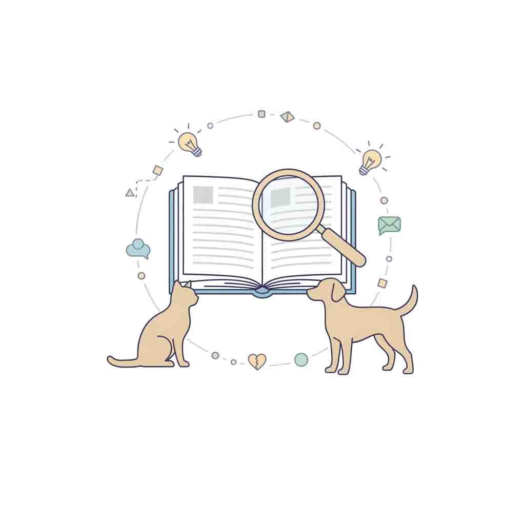 An illustration symbolizing research and knowledge in pet care, with books, a magnifying glass, and pet silhouettes.