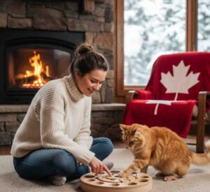 Owner and cat strengthening bond through cooperative puzzle activity