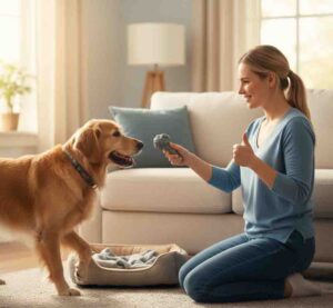 Owner using positive redirection to train dog to chew appropriate toys instead of furniture