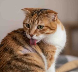 Close-up of cat anxiety behavior: over-grooming and flattened ears