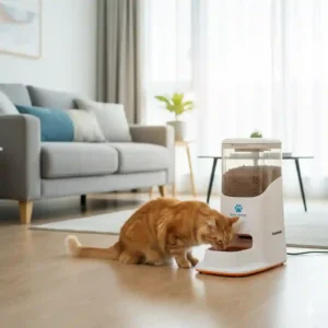 A happy cat eating kibble from an automatic pet feeder, showing the device blending into a modern home environment.