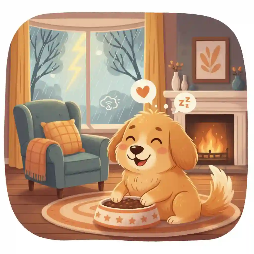 A cartoon illustration of a dog feeling calm and happy eating from a bowl inside a cozy home while a thunderstorm rages outside, symbolizing the soothing effect of food.