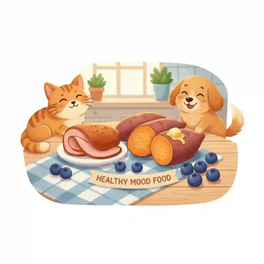 A cute cartoon layout of fresh ingredients: a slice of turkey, a sweet potato, and blueberries, with a happy cat and dog looking at them, representing healthy mood food.