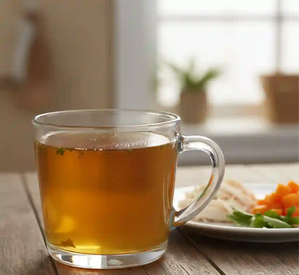 A clear glass cup filled with homemade, golden-colored, low-phosphorus chicken broth, next to small portions of cooked meat.