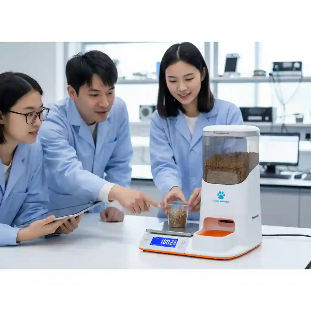 A close-up shot of the Meow Wonder team using a digital scale to test the dispensing accuracy of a smart pet feeder.