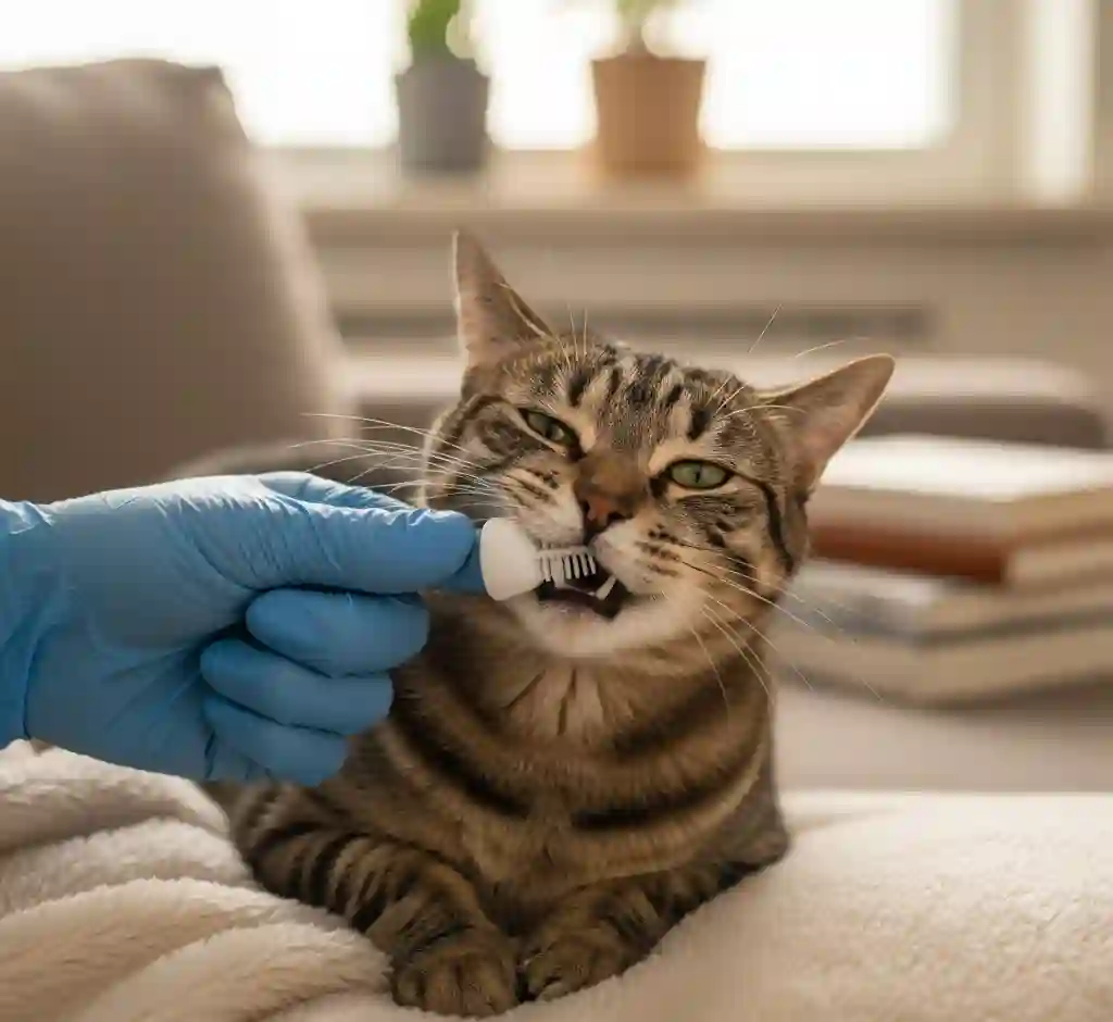 A pet owner gently using a finger brush to clean a cat's teeth in a calm home environment, demonstrating proper preventative dental care.