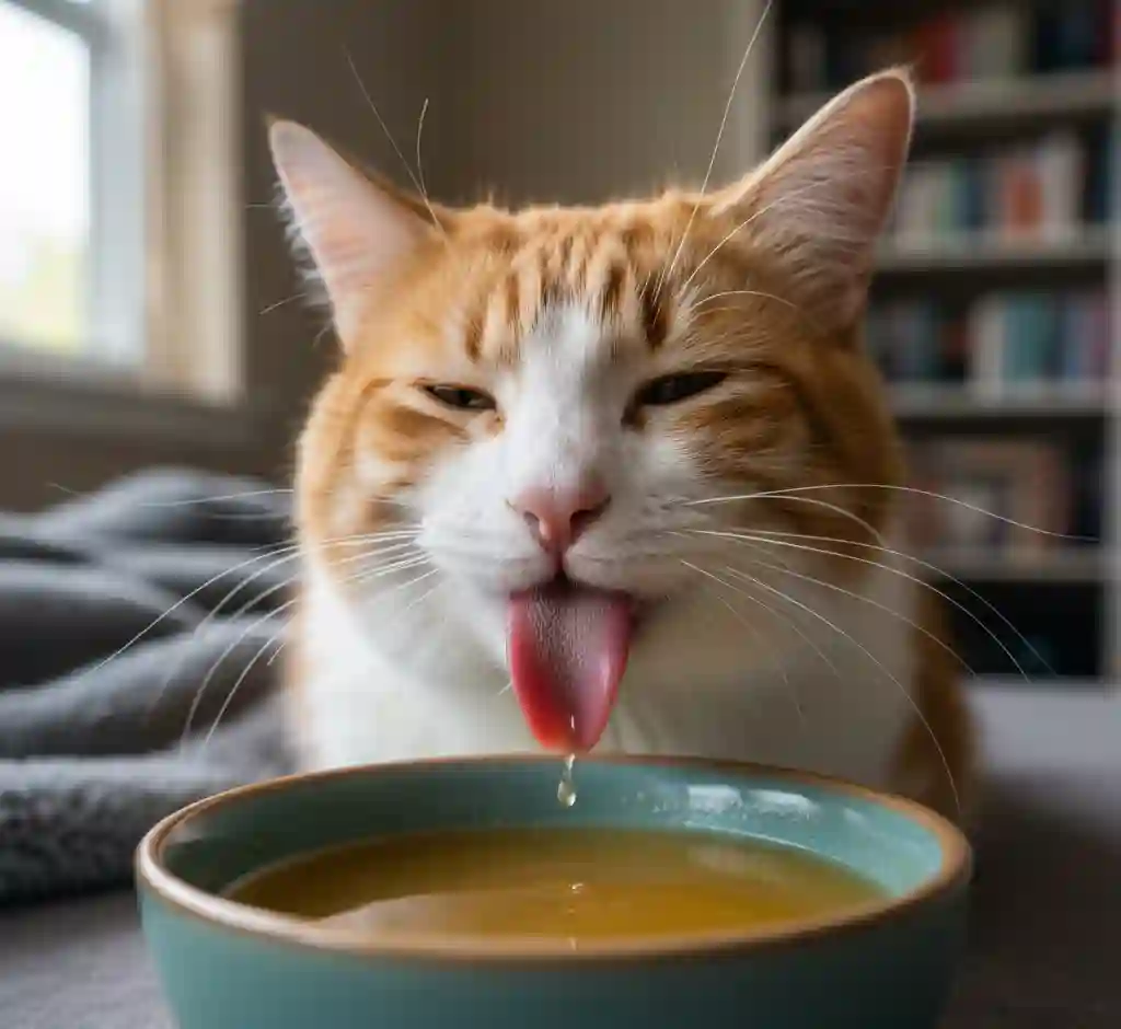 A relaxed senior cat happily licking low-phosphorus hydration broth from a small ceramic bowl, demonstrating high palatability.