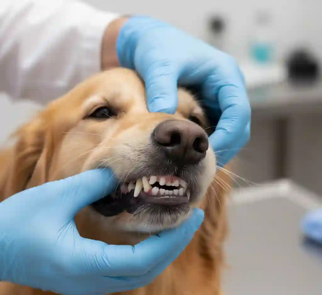 A close-up, clear photo of a veterinarian wearing blue gloves gently lifting a dog's lip to examine the gums and teeth, showing healthy pink tissue.