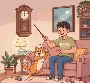 A cheerful cartoon scene showing an owner using a wand toy to play with a leaping cat in the living room during the evening, with a clock on the wall showing a late hour.