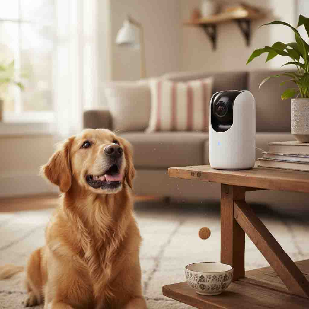 A happy golden retriever looking curiously at a pet camera on a shelf, as a treat is being dispensed mid-air in a living room setting.