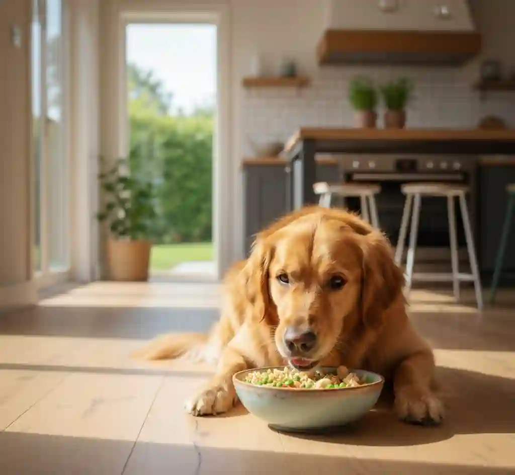 A content-looking golden retriever eating a balanced homemade meal from a ceramic bowl in a peaceful, sunlit kitchen.