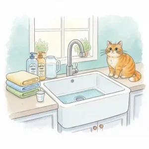 A calming cartoon illustration of a person gently supporting a calm cat in a shallow sink, using a jug to pour water carefully on the cat's back, avoiding the head.