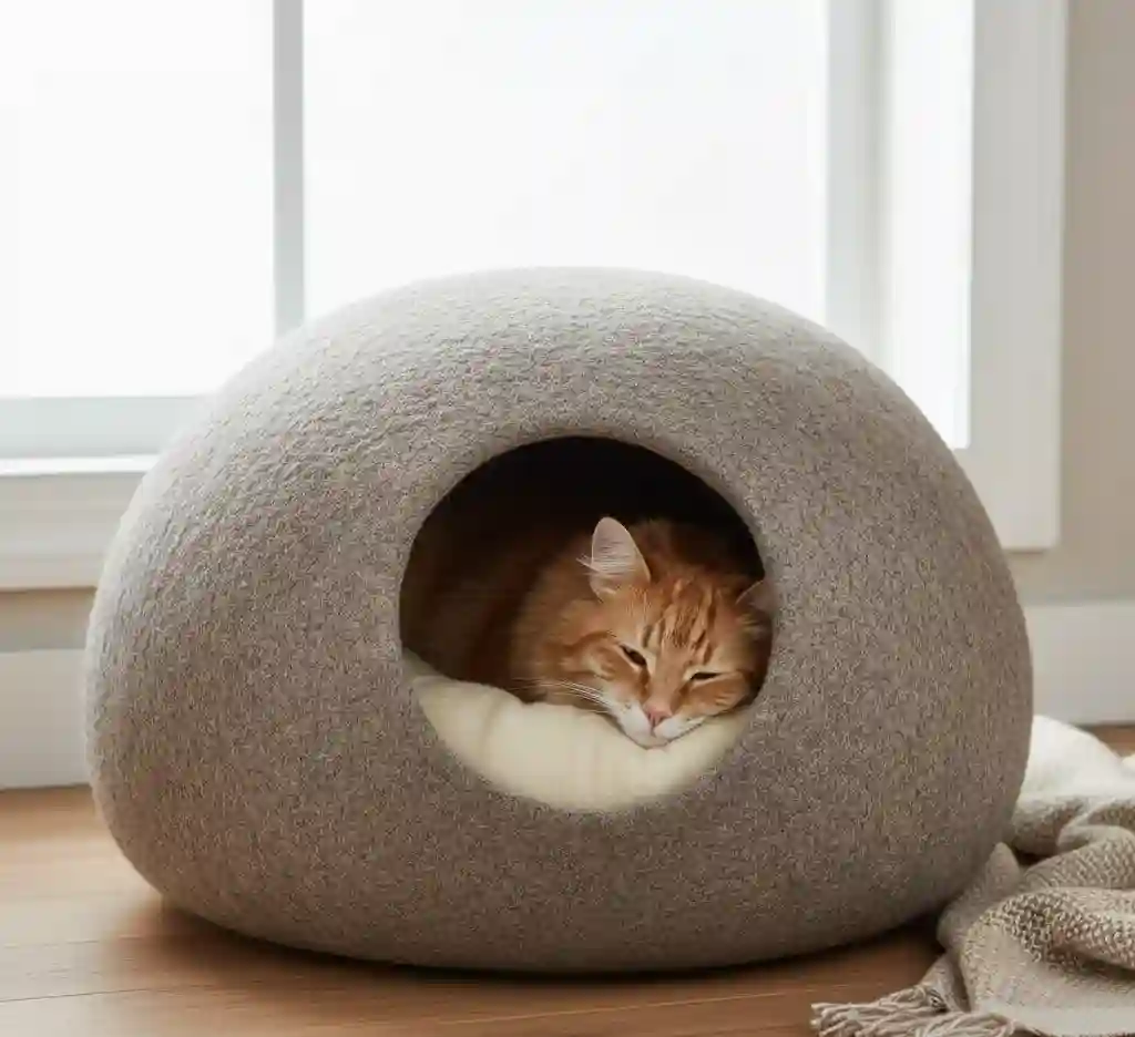 A premium wool felt cat cave bed in a neutral color, showing its enclosed design which provides security for the cat.