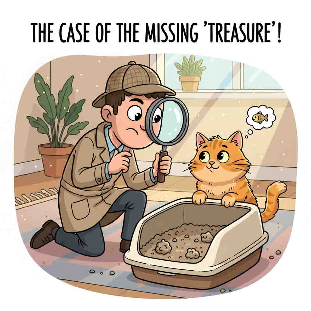 A cartoon of a person with a magnifying glass examining a cat litter box, with a curious cat looking on from the side. The scene is investigative and lighthearted.